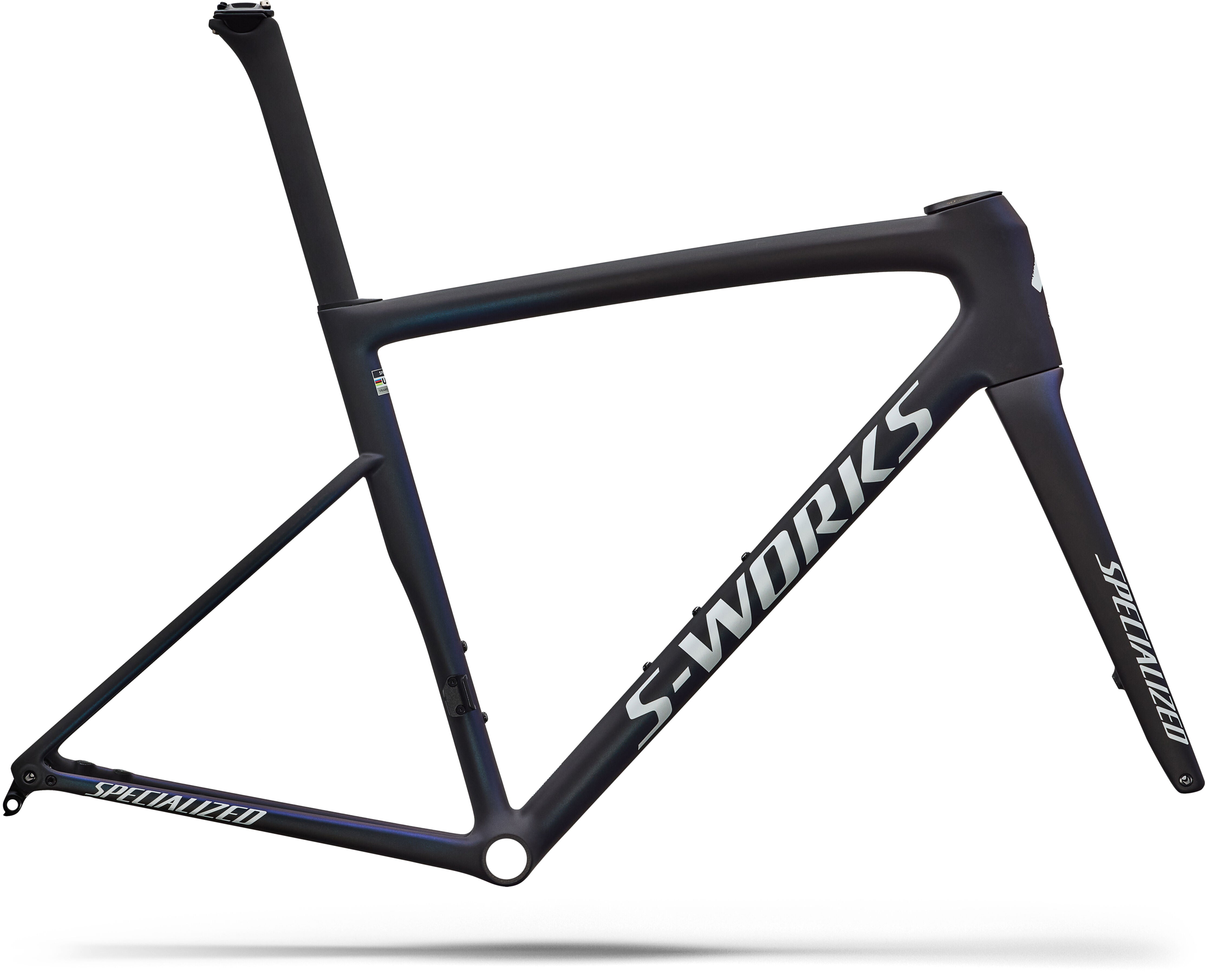 Specialized S-Works Tarmac SL8 Rahmenset Satin Carbon / Cyan to Blue Viavi Pearl Front Edge Fade / Metallic White Silver