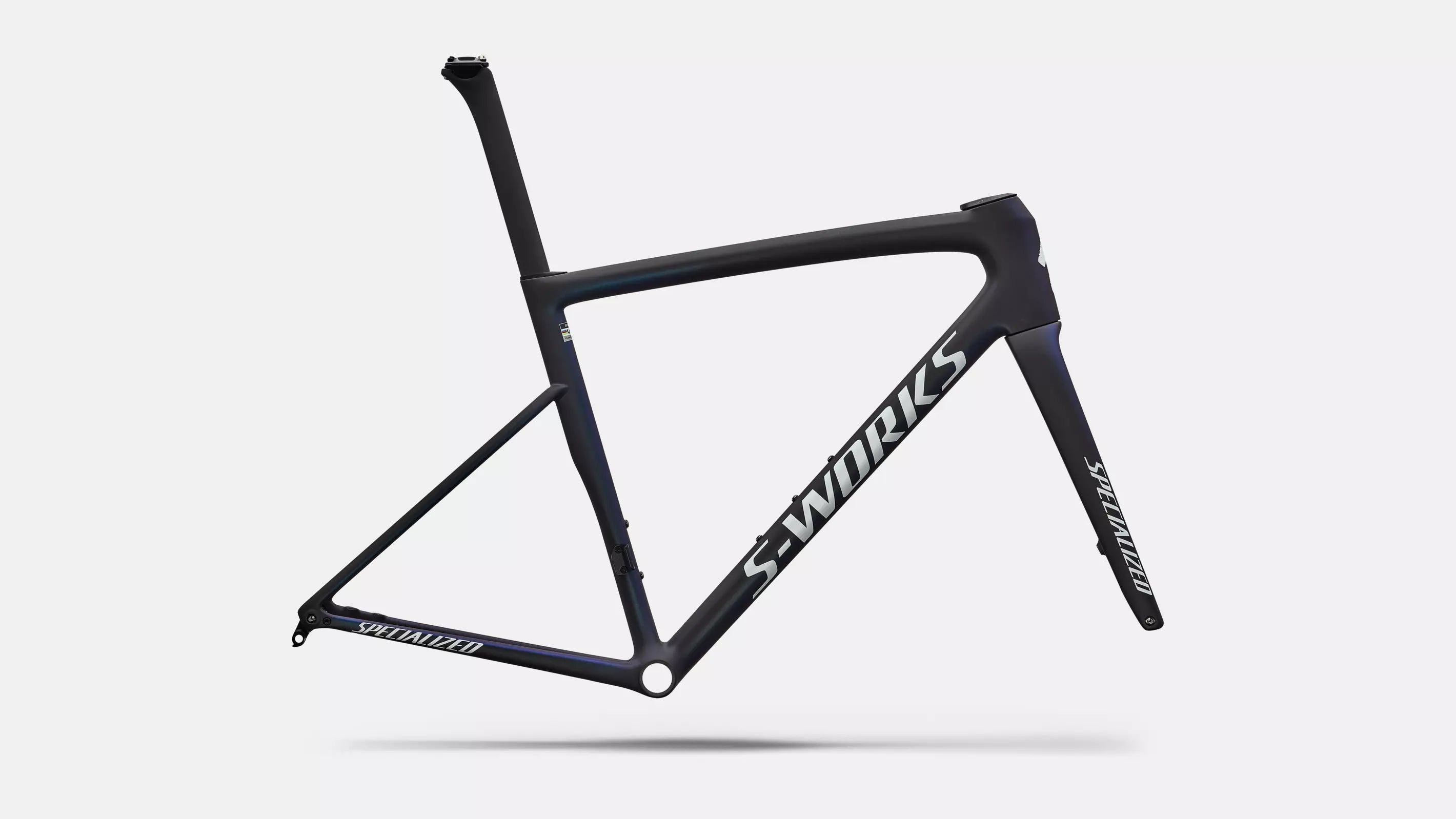 Specialized S-Works Tarmac SL8 Rahmenset Satin Carbon / Cyan to Blue Viavi Pearl Front Edge Fade / Metallic White Silver
