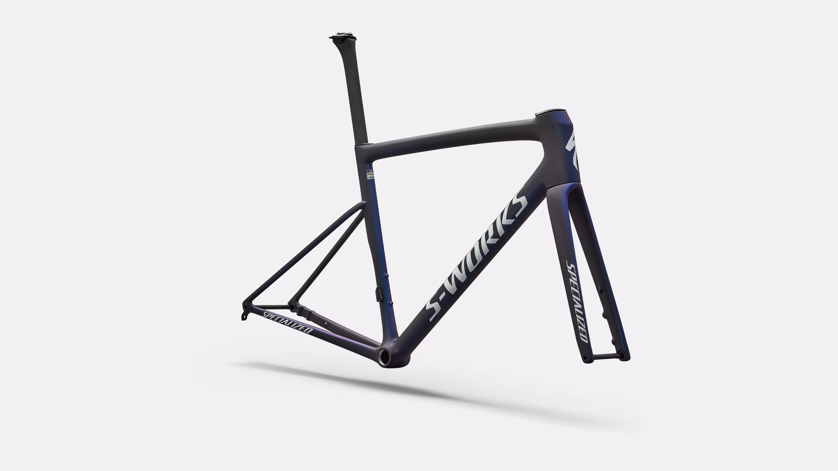Specialized S-Works Tarmac SL8 Rahmenset Satin Carbon / Cyan to Blue Viavi Pearl Front Edge Fade / Metallic White Silver